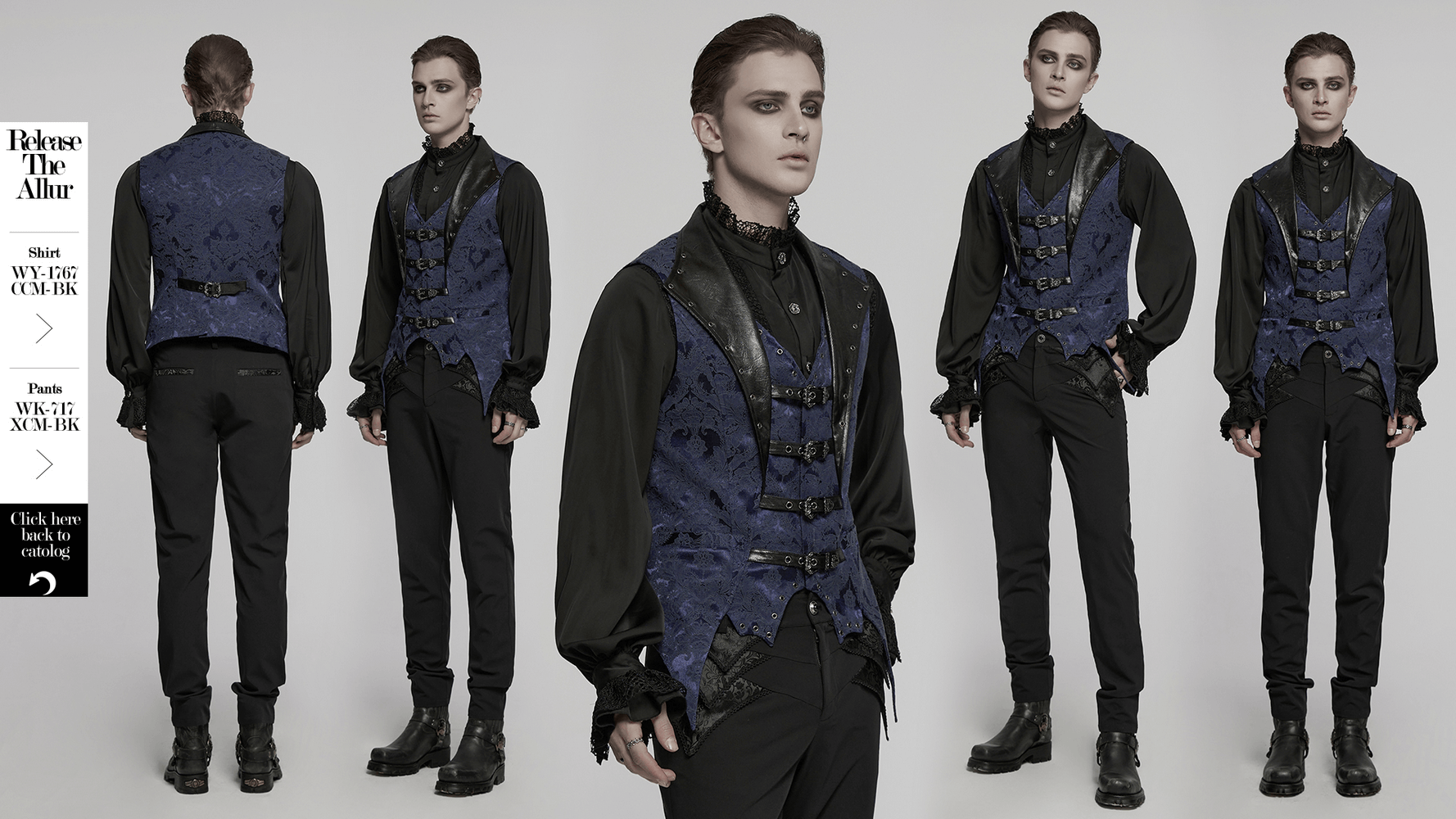 Blue gothic brocade waistcoat with leather lapel buckles, bat hem, and eyelets, perfect for dark formal wear.