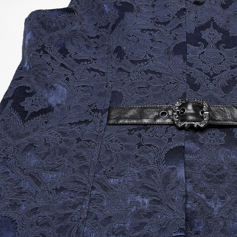 Blue gothic brocade waistcoat featuring textured leather lapel and elegant buckles, perfect for steampunk and formal events.