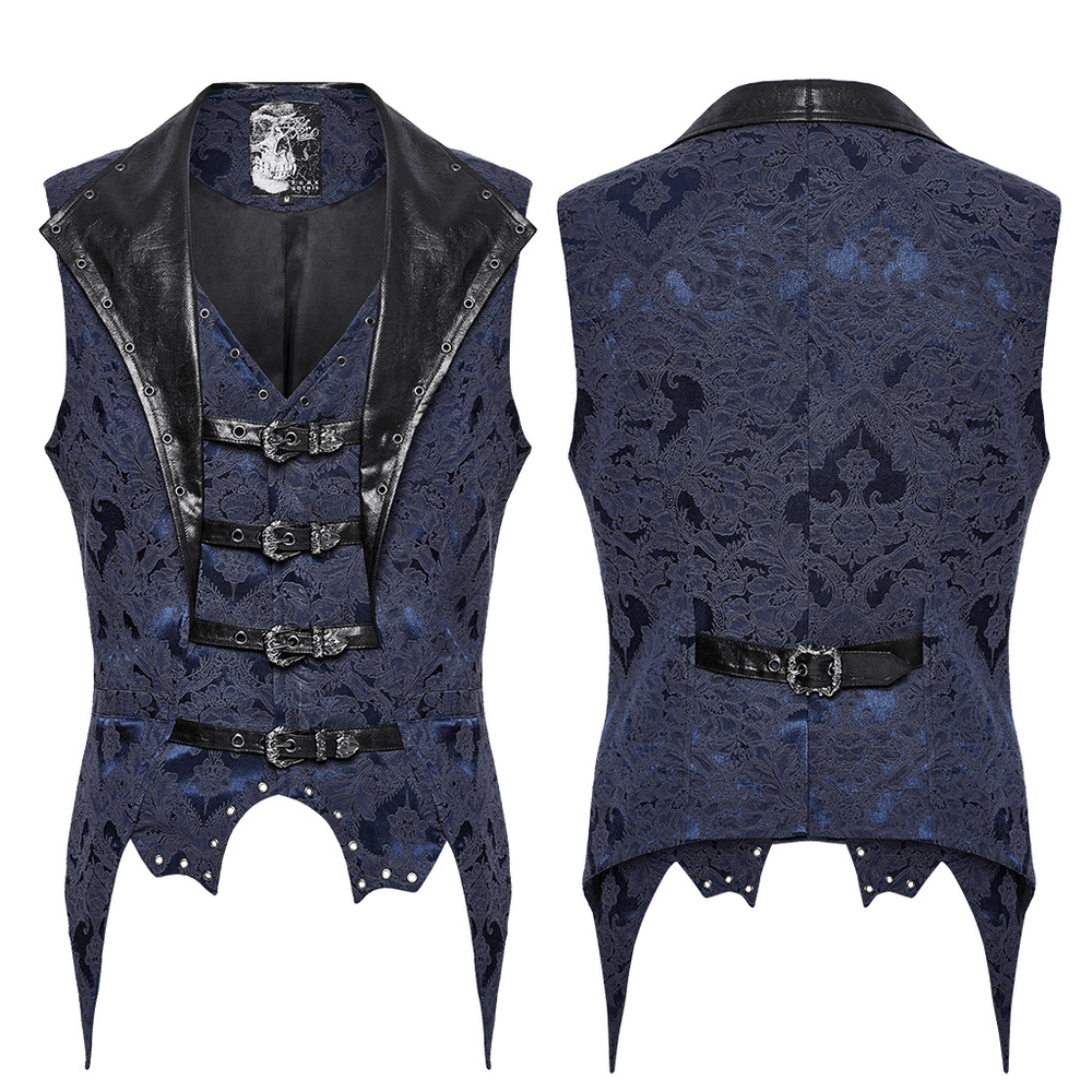Blue gothic brocade waistcoat with leather lapel and bat hem, featuring elegant eyelets and buckles.