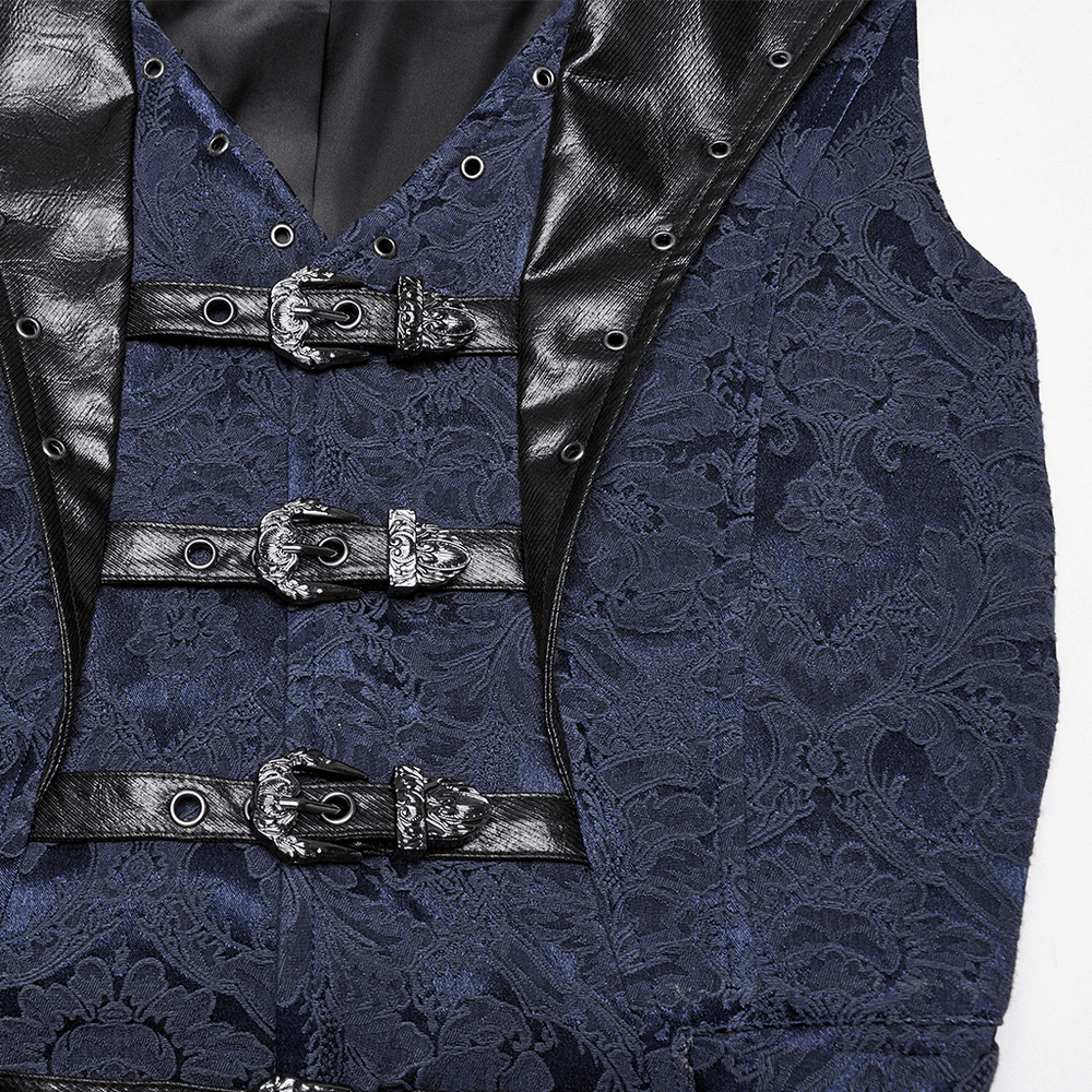 Blue Gothic brocade waistcoat featuring leather lapel and ornate buckles, ideal for steampunk or formal dark attire.