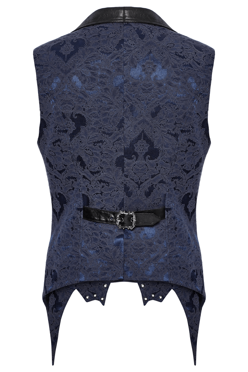 Back view of a blue gothic brocade waistcoat with leather lapel, bat hem, and eyelet details, showcasing unique style.