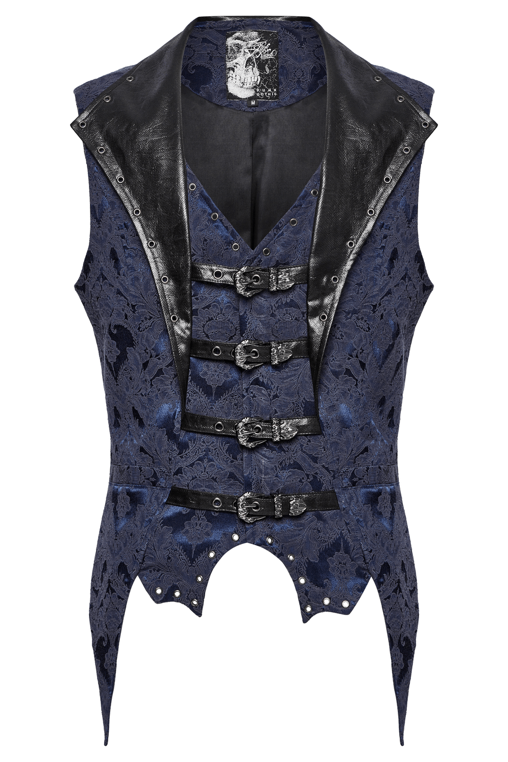 Blue Gothic brocade waistcoat with leather lapels and bat hem, featuring eyelets and stylish front buckles.