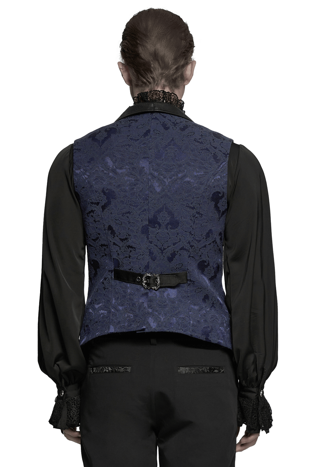 Back view of a blue gothic brocade waistcoat with leather buckle, showcasing bat hem and unique jacquard fabric.