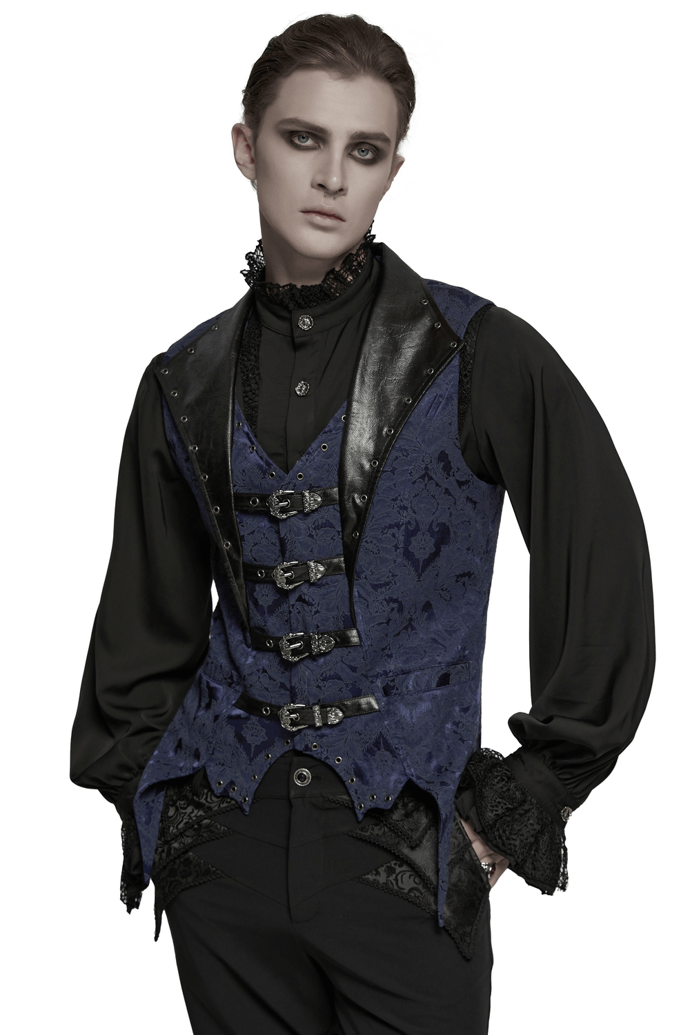 Blue Gothic brocade waistcoat with leather lapels and buckles for gothic and steampunk fashion.