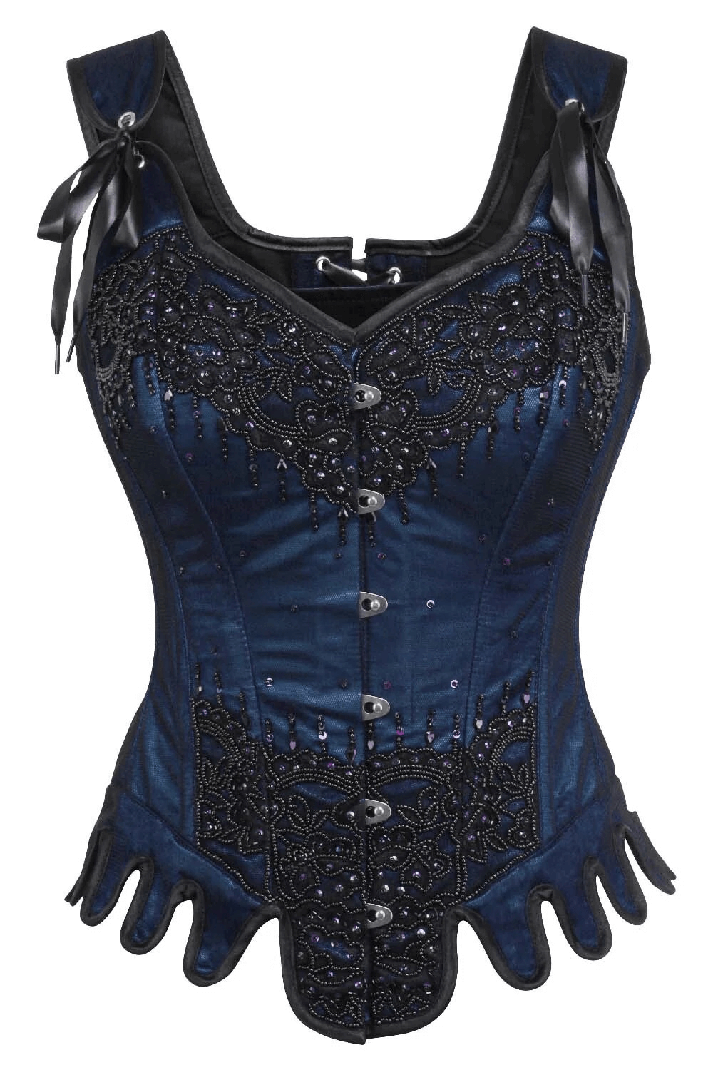 Alt Tag: Blue Overlay Overbust Corset with Straps and Lace Detail in deep blue satin with black lace overlay, steel busk closure and ribbon bows