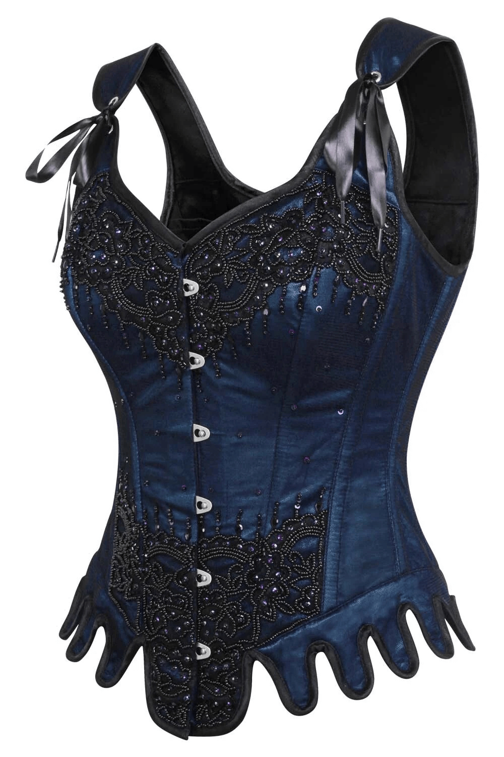 Alt Tag: Blue Overlay Overbust Corset with Straps and Lace Detail, blue gothic corset with black lace overlay, steel boning, ribbon straps