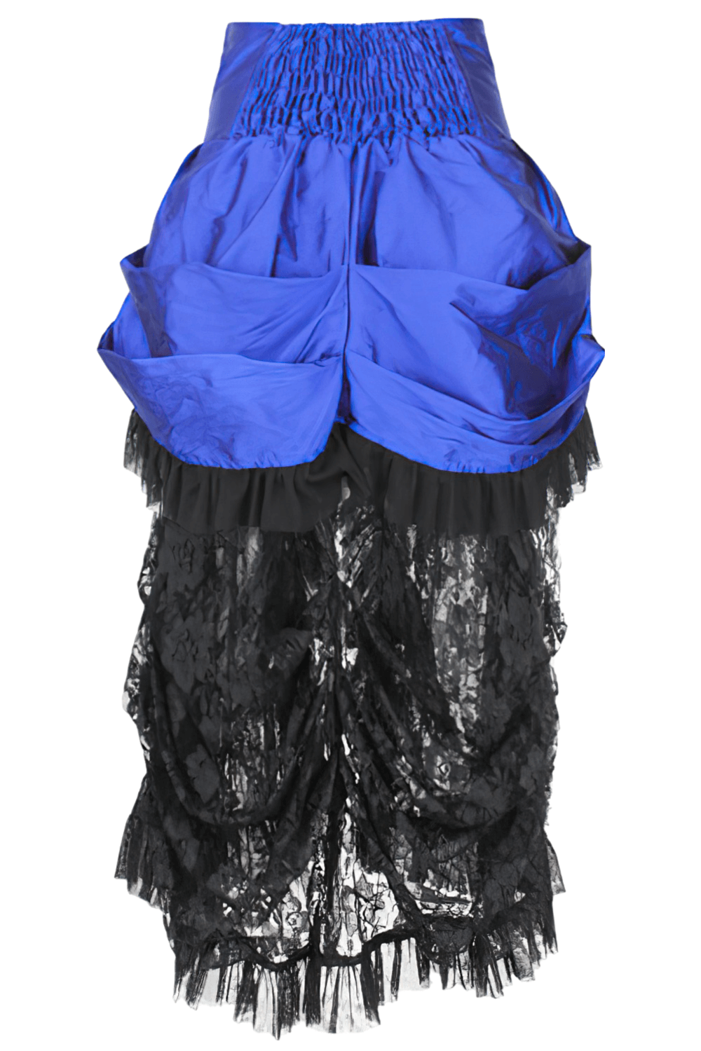 Blue Victorian bustle skirt with black lace overlay and taffeta layers, featuring a dramatic silhouette and side zipper.