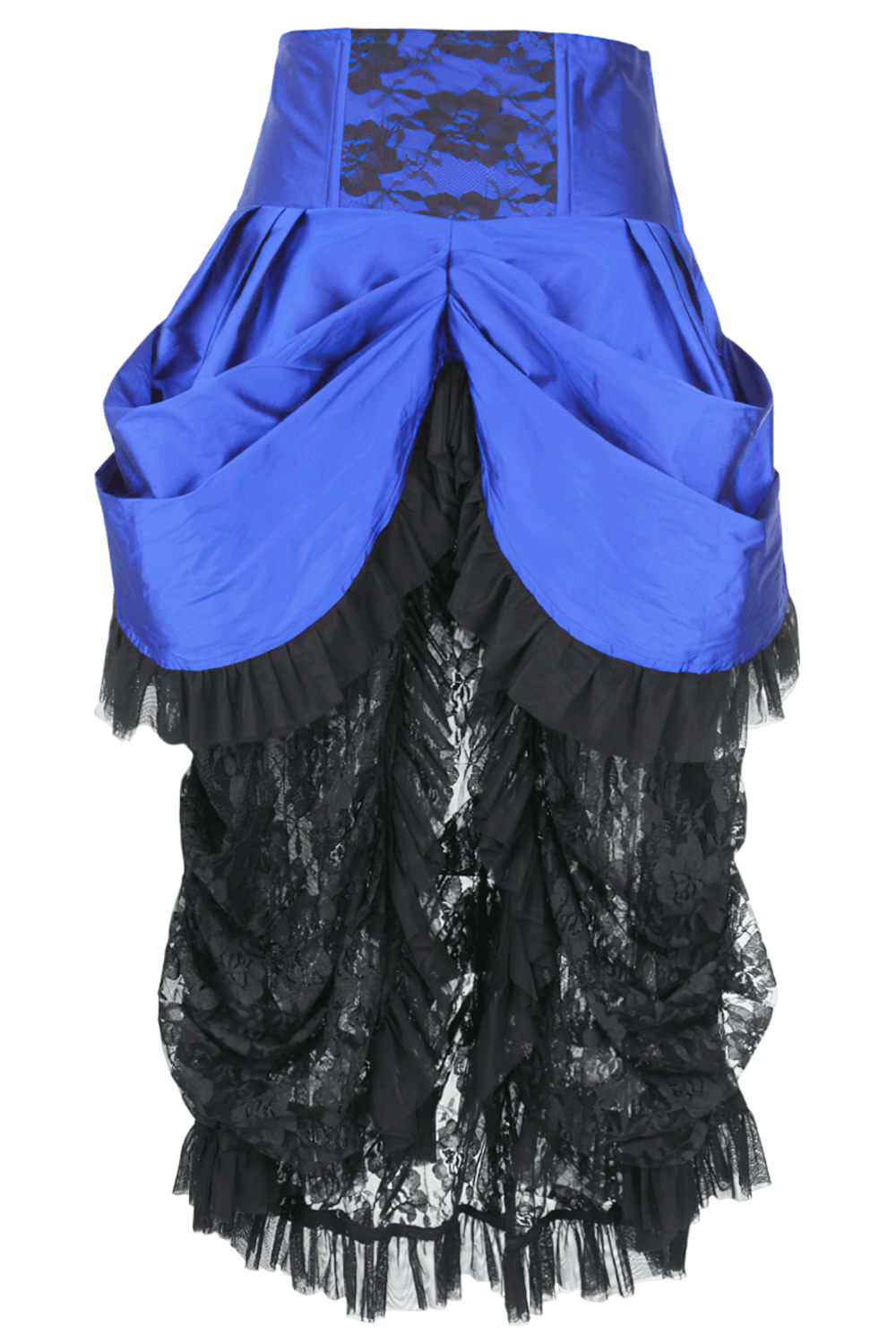 Blue Victorian bustle skirt with black lace overlay and taffeta, perfect for vintage-inspired looks.