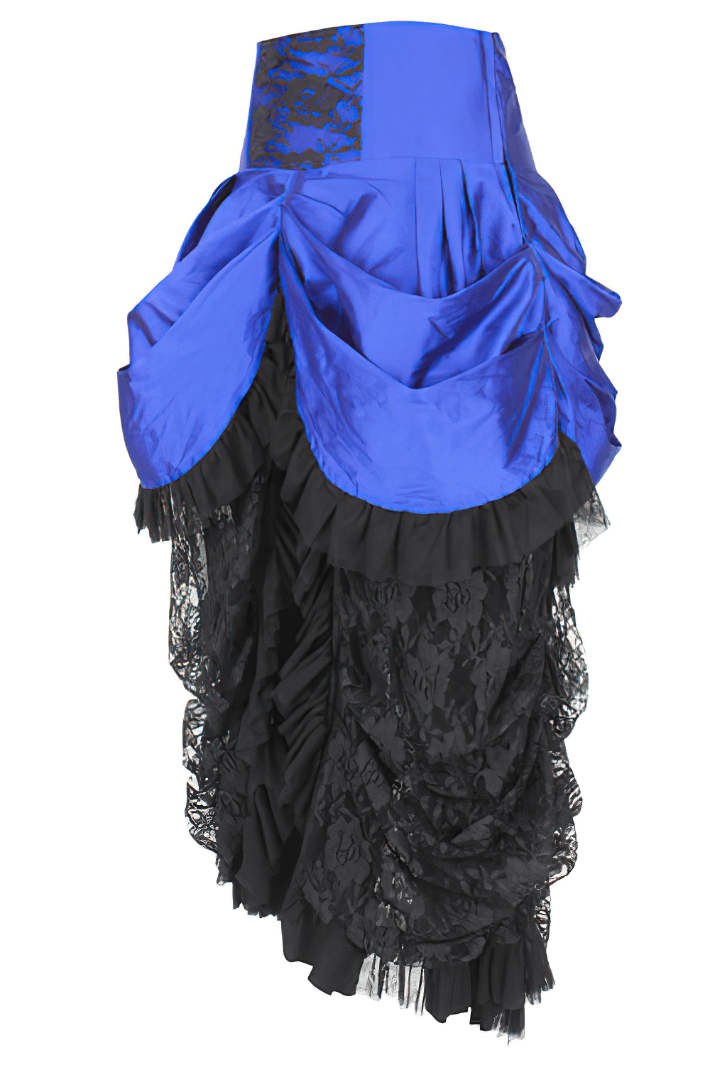 Blue Victorian bustle skirt with black lace overlay and taffeta, showcasing gothic vintage elegance.