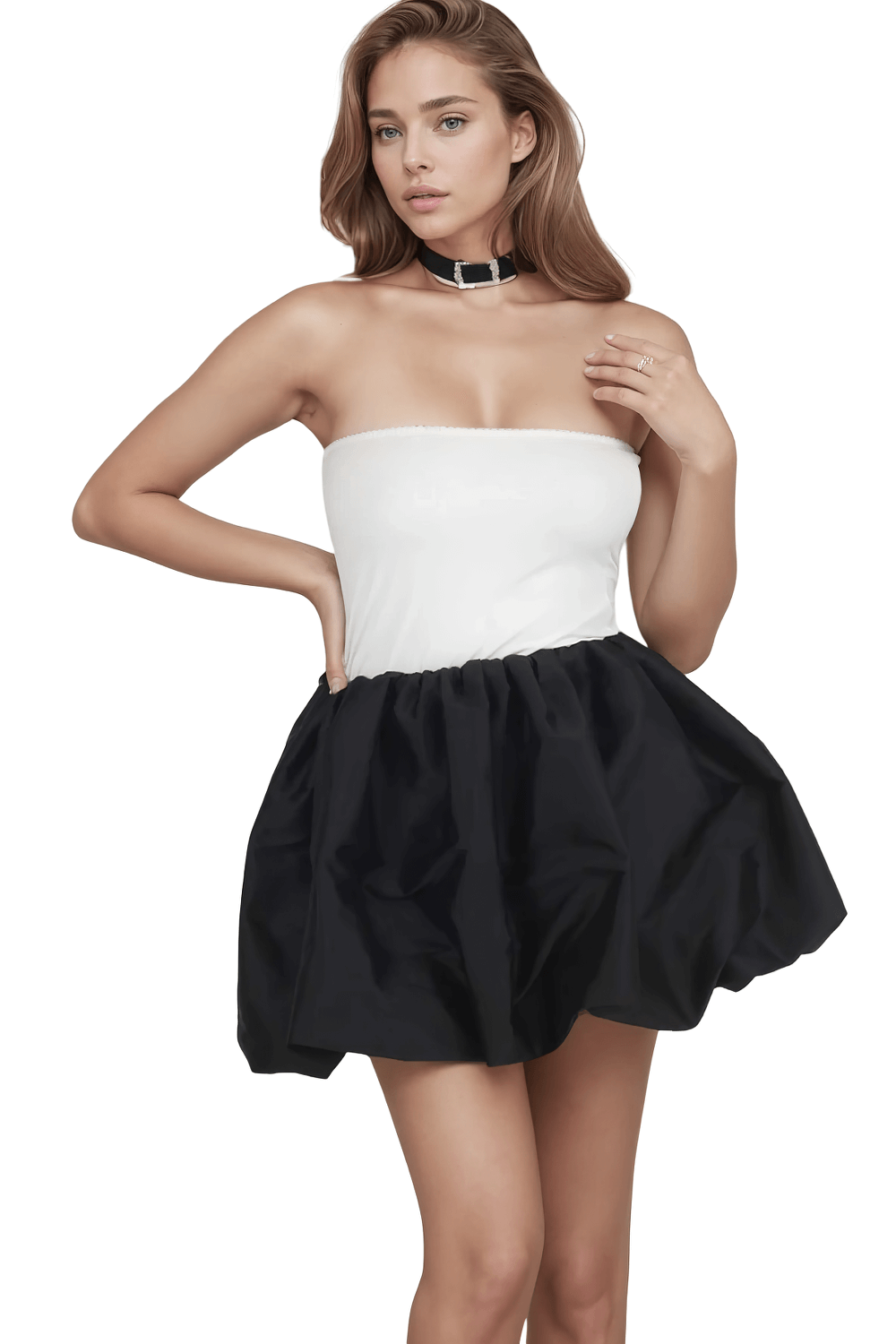 Bobbijo Black Bubble Mini Skirt for Gothic and Party Style with dramatic volume and elastic waistband on a model.