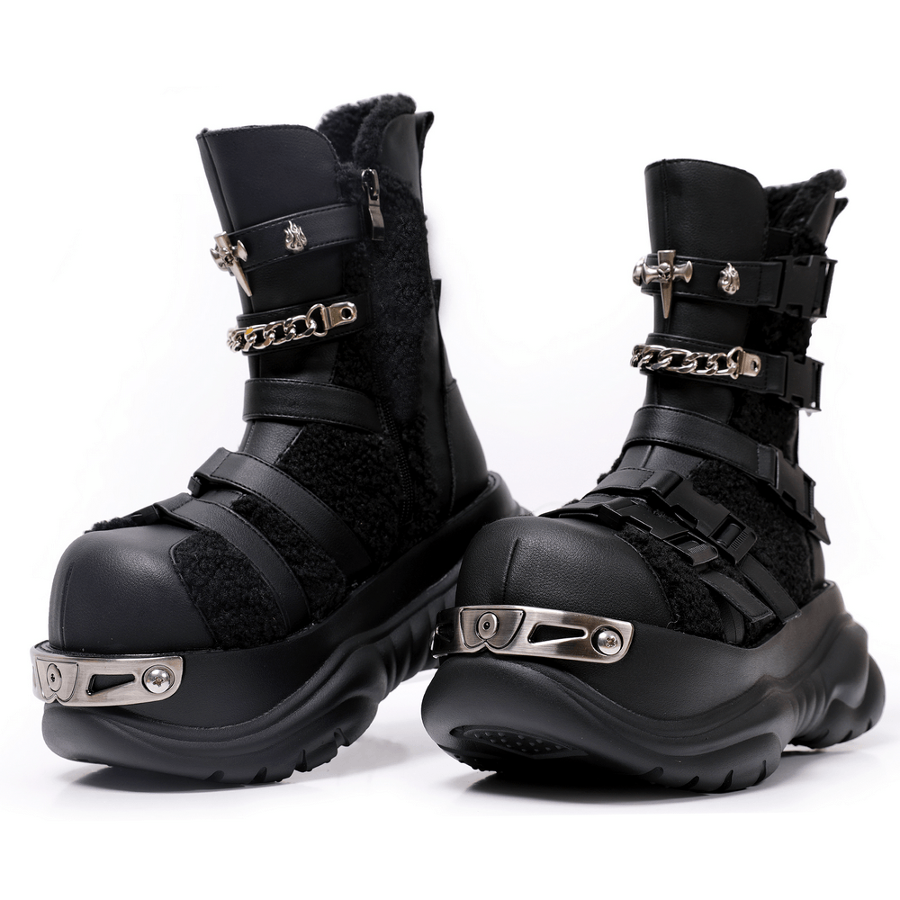 Bold Alternative Platform Boots with Chains and Buckles black cyberpunk gothic chunky boots with straps and metal hardware