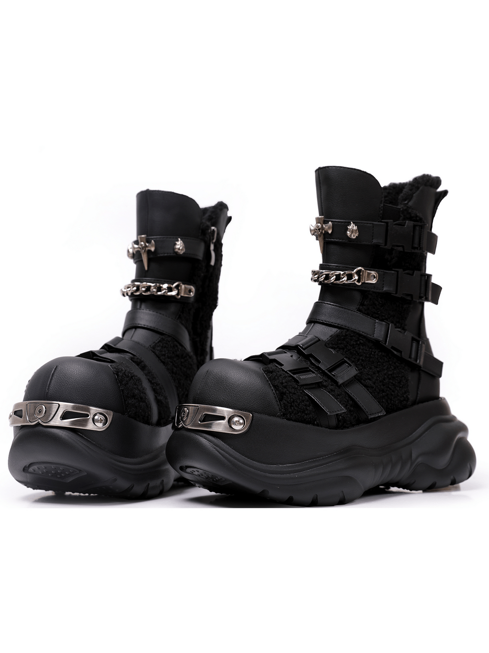 Bold Alternative Platform Boots with Chains and Buckles: black gothic chunky boots with straps, chains and metal hardware