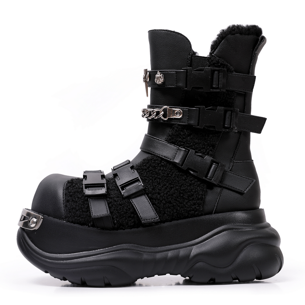Bold Alternative Platform Boots with Chains and Buckles black gothic chunky ankle boots with straps, metal hardware and sculpted sole