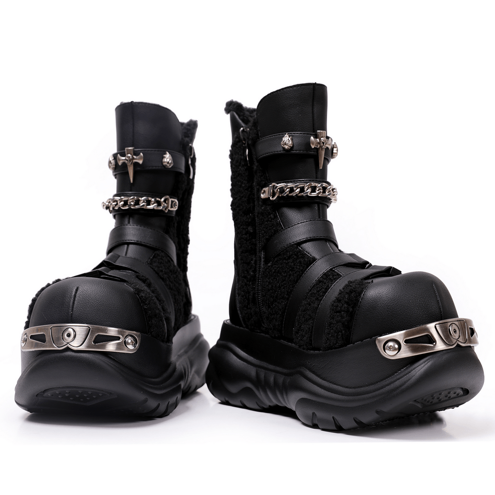 Bold Alternative Platform Boots with Chains and Buckles black gothic chunky women's boots with straps and metal hardware