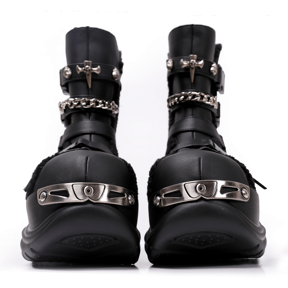 Bold Alternative Platform Boots with Chains and Buckles gothic black chunky boots with metal hardware, chains, and buckle straps