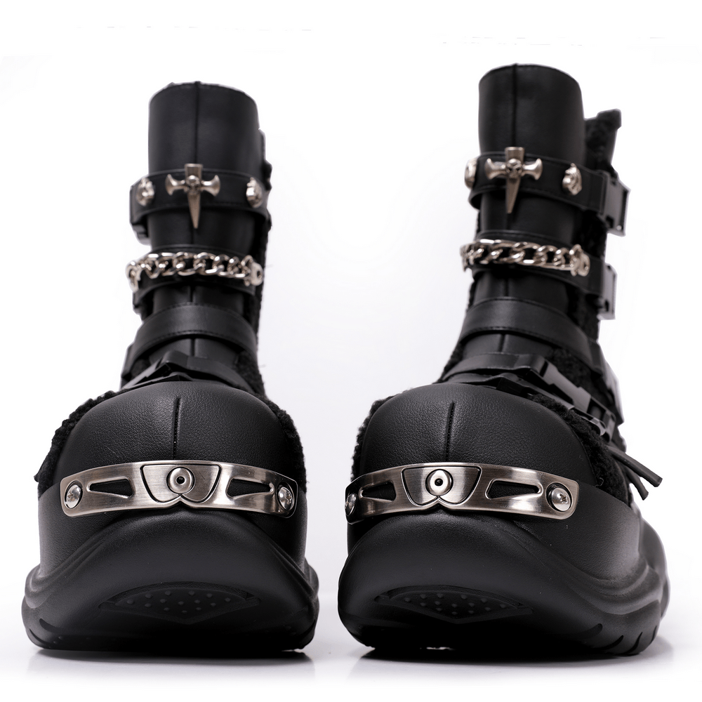 Bold Alternative Platform Boots with Chains and Buckles black gothic cyberpunk boots with straps, chains, and metal hardware