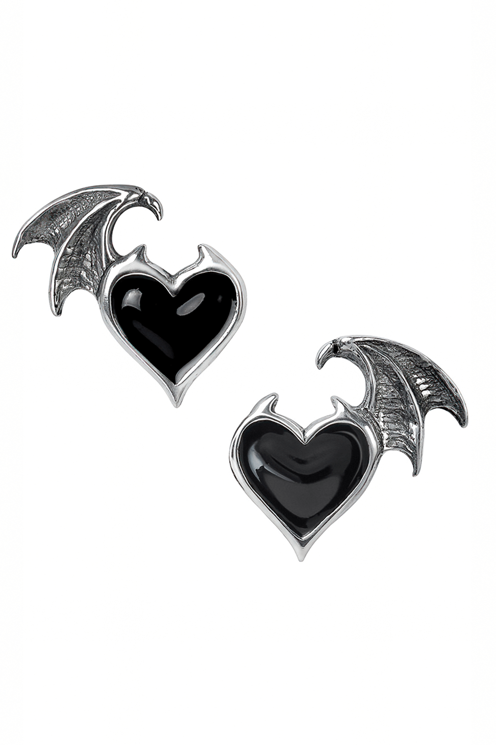 Bold bat wing heart stud earrings in pewter with glossy black enamel for gothic fashion lovers.
