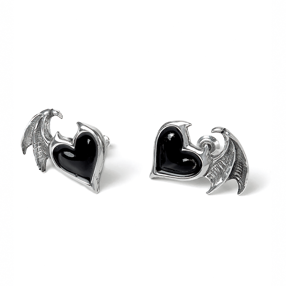 Bold bat wing heart stud earrings in pewter and black enamel; gothic style for alternative fashion lovers.