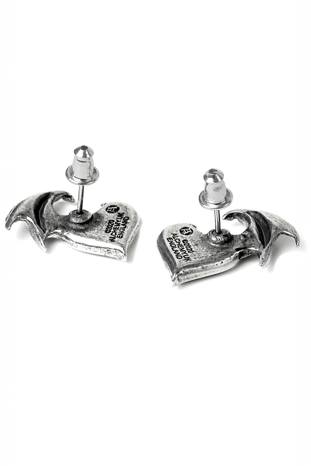Gothic bat wing heart stud earrings in pewter and black enamel, perfect for alternative fashion lovers.