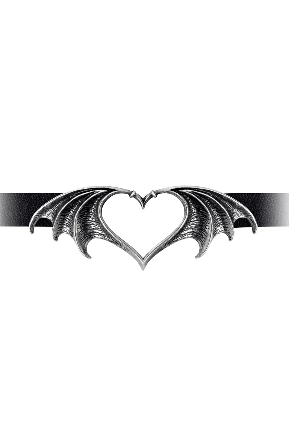 Gothic bat-winged heart choker in black faux leather with antiqued pewter detailing, perfect for dark elegance.