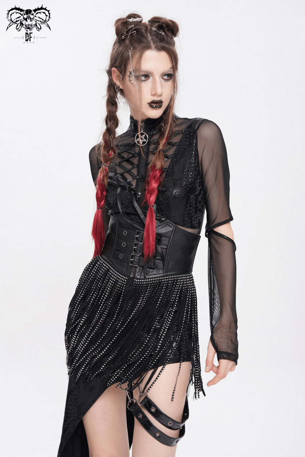 Gothic model in a black corset belt with studded fringe, showcasing edgy fashion vibes and alternative style.