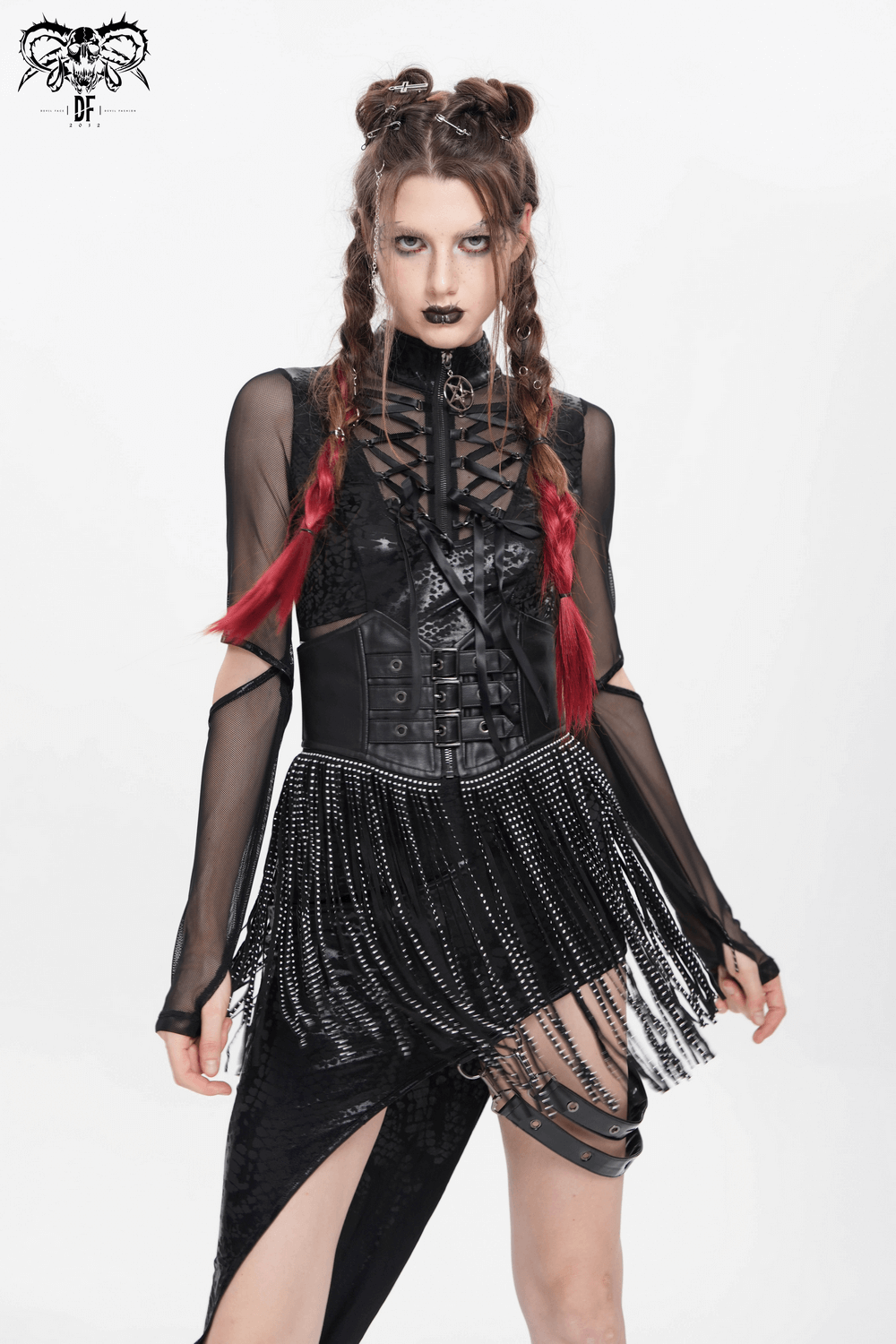 Bold black corset belt with studded fringe tassels, paired with a sheer top for a gothic, edgy look.