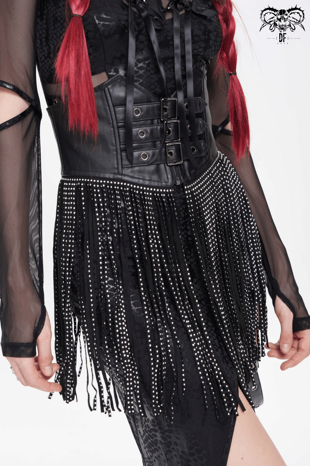 Bold black corset belt with studded fringe tassels, perfect for gothic and punk fashion styles.