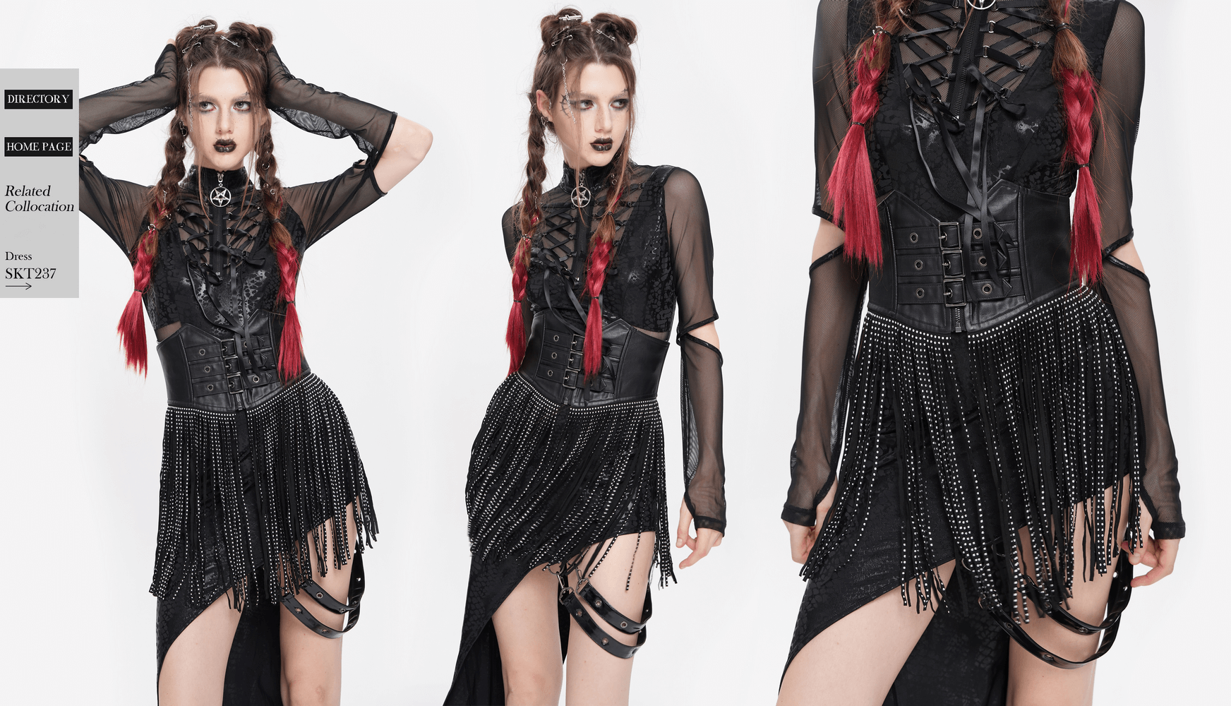 Bold black corset belt with studded fringe, perfect for gothic and punk styles, enhances waistline and outfit flair.