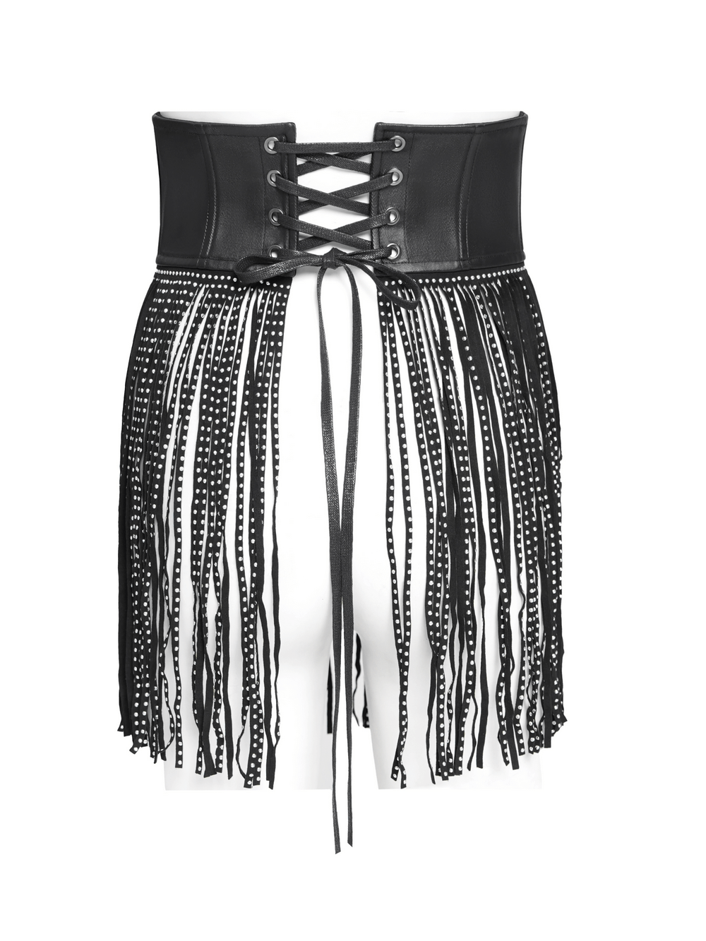 Bold black corset belt with studded fringe tassels, perfect for gothic and punk fashion.