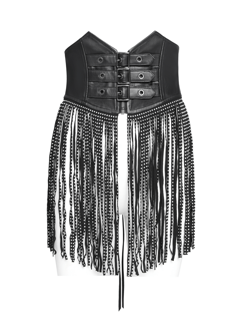 Bold black corset belt with studded fringe tassels and adjustable lace-up back for a gothic or punk style.