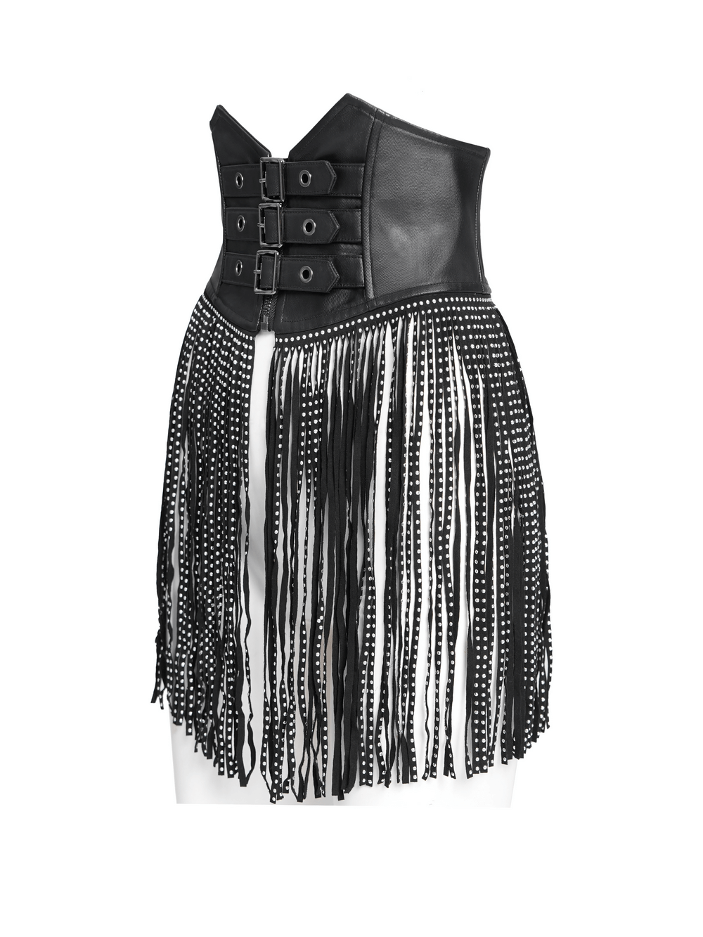 Bold black corset belt with studded fringe tassels for gothic and punk styles.