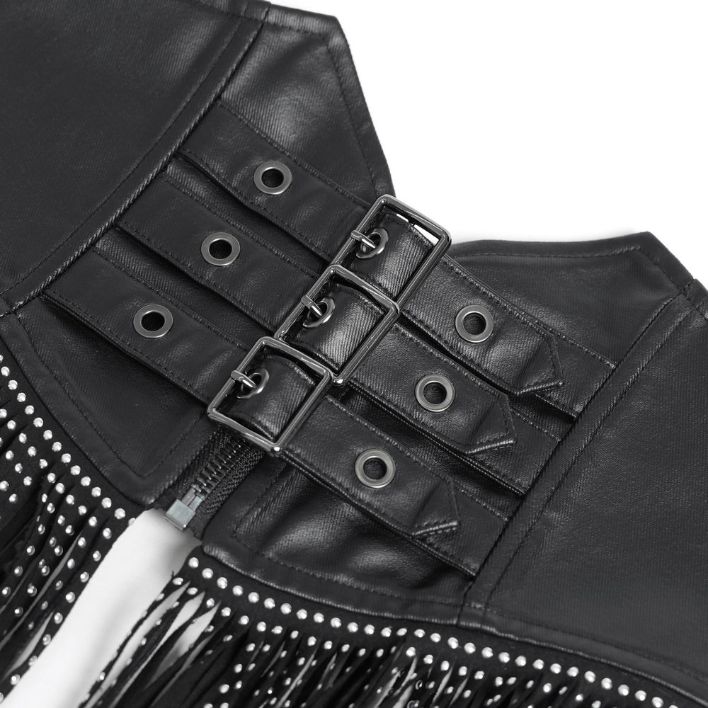 Close-up of a bold black corset belt featuring buckle closures and studded fringe tassels for a gothic or punk look.