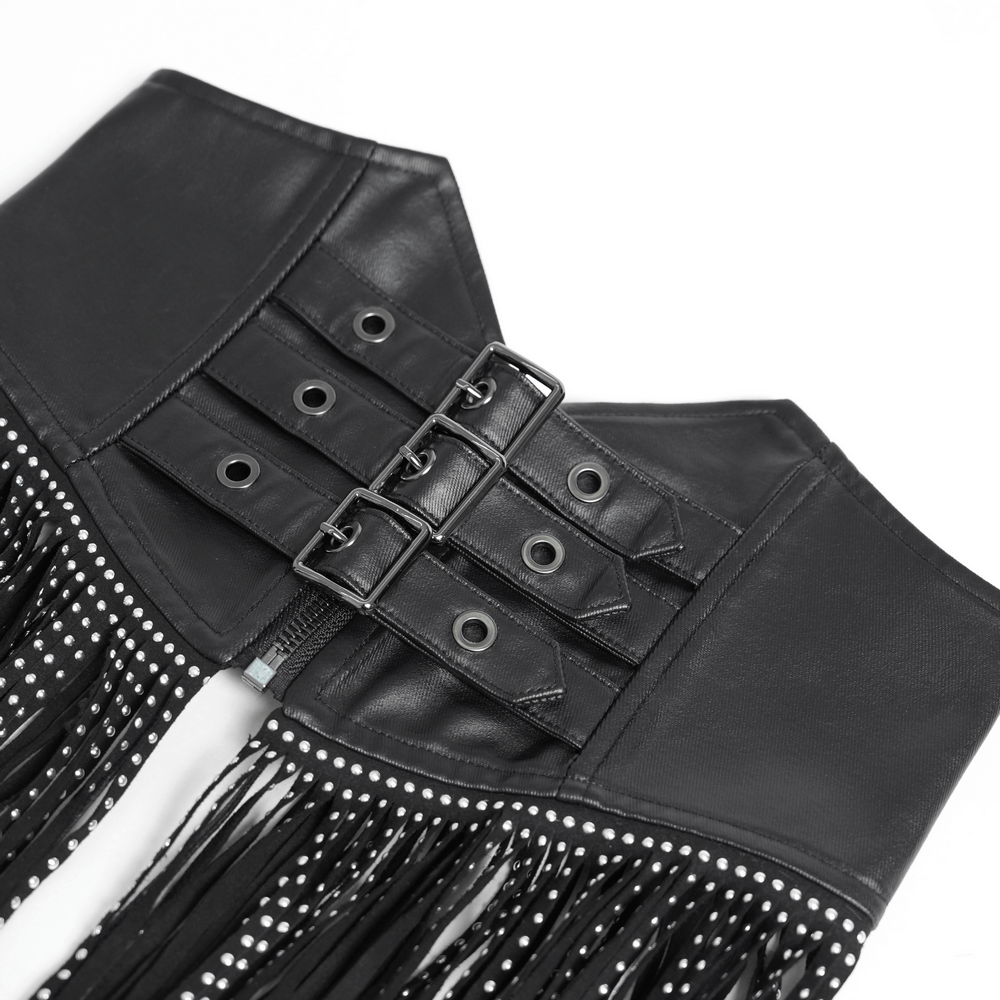 Bold black corset belt with studded fringe tassels and buckle closure, perfect for gothic and punk styles.