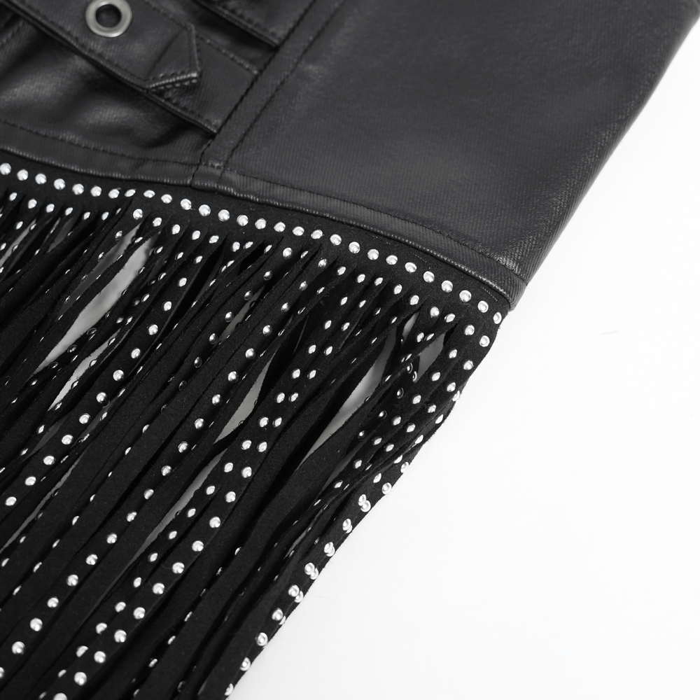 Close-up of a bold black corset belt with studded fringe tassels, perfect for gothic and punk fashion.