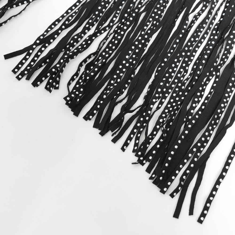 Close-up of long black fringe tassels with studs, ideal for gothic corset belts and edgy fashion accessories.