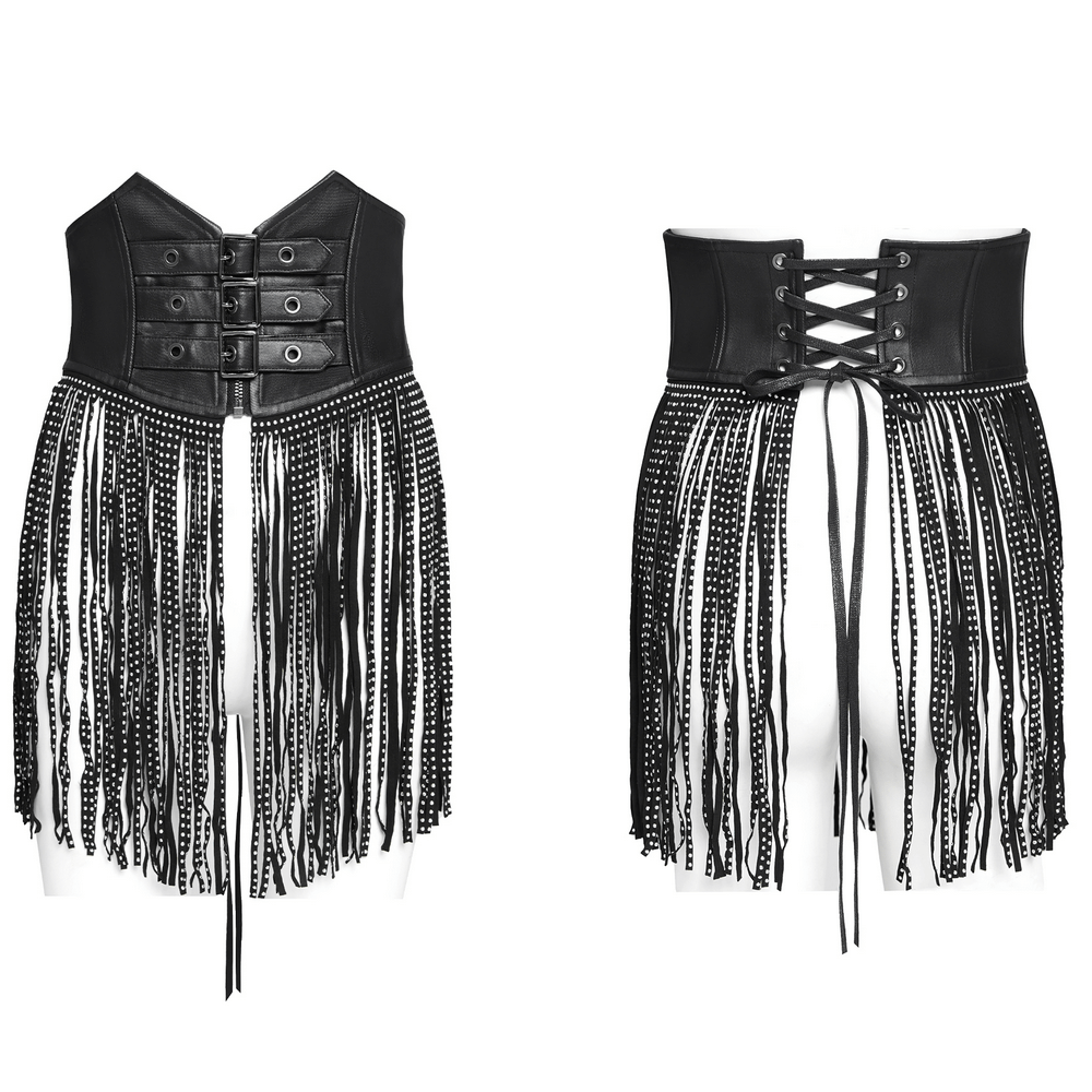 Bold black corset belt with studded fringe tassels showcasing front buckle and lace-up back.