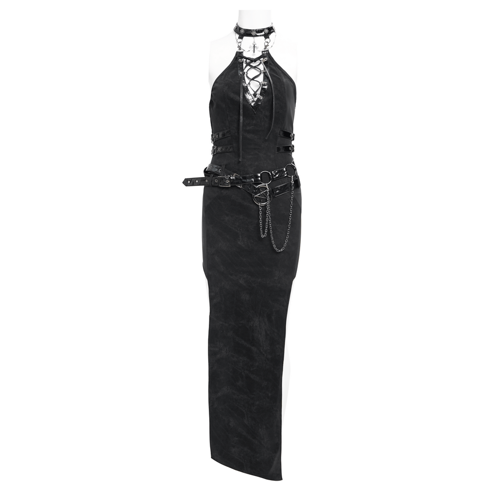 Bold black halter dress with chains and buckles, featuring a lace-up front and high slit for punk rock style.