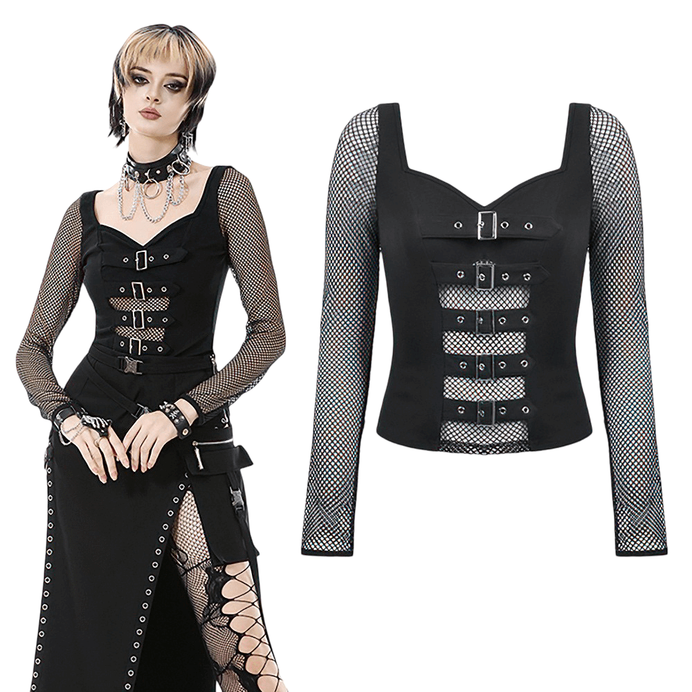 Bold Black Mesh Sleeved Top with Buckle Detailing featuring fishnet sleeves and edgy buckle front.