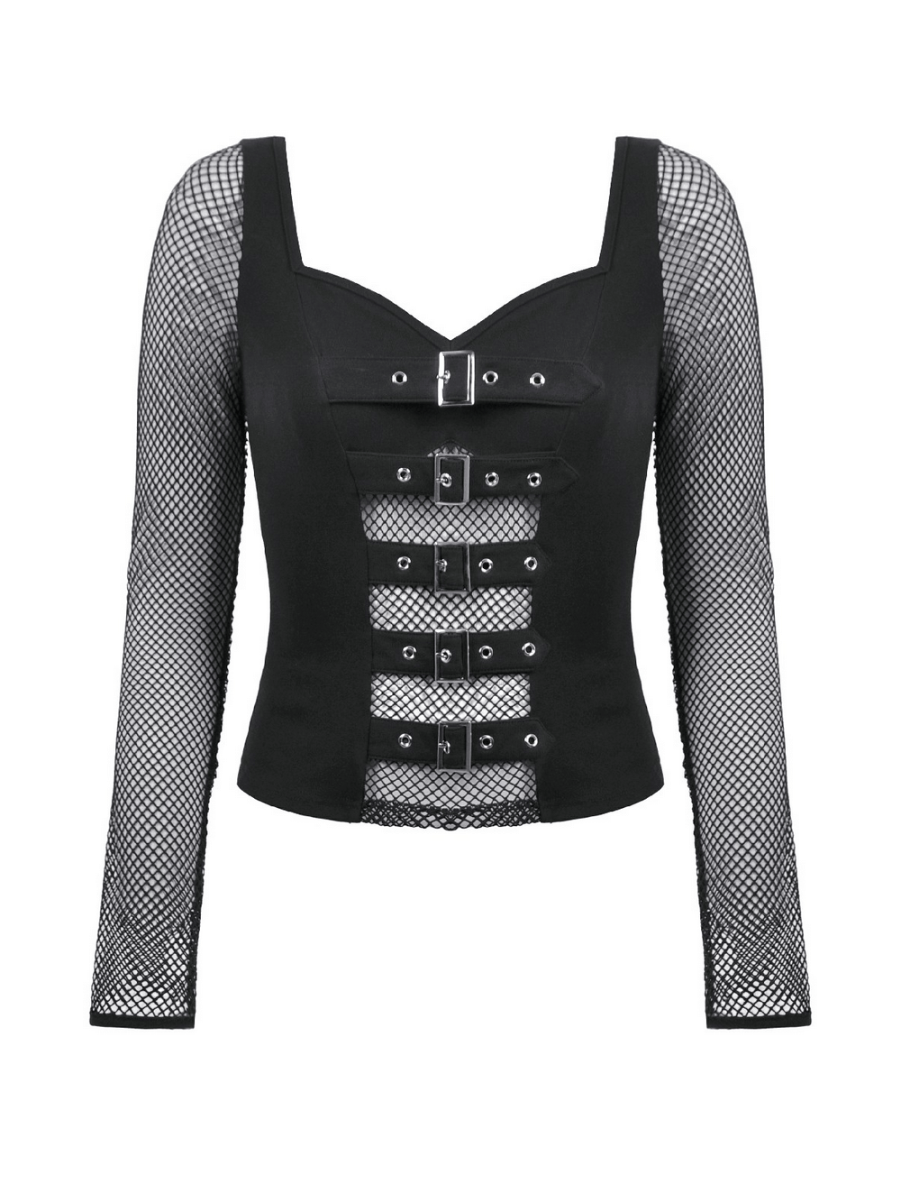 Bold Black Mesh Sleeved Top with Buckle Detailing featuring long mesh sleeves and dramatic buckle front closure.