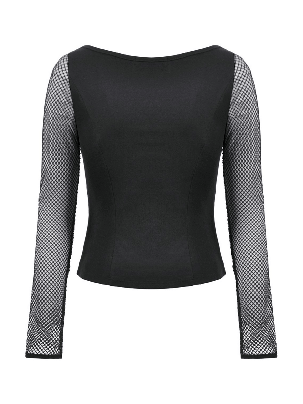 Bold Black Mesh Sleeved Top with Buckle Detailing - back view showcasing mesh sleeves and sleek black fabric.