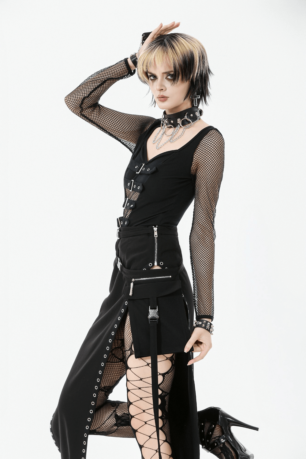 Bold Black Mesh Sleeved Top with Buckle Detailing worn by a model showcasing edgy gothic style.