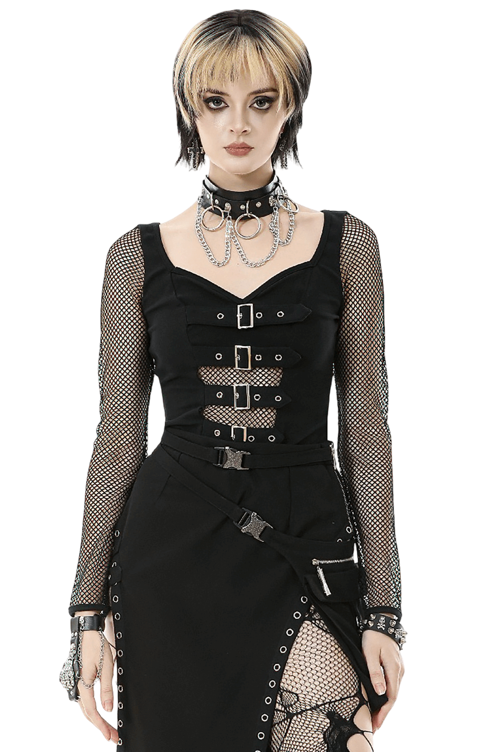 Bold Black Mesh Sleeved Top with Buckle Detailing showcasing edgy mesh sleeves and buckle front closure.