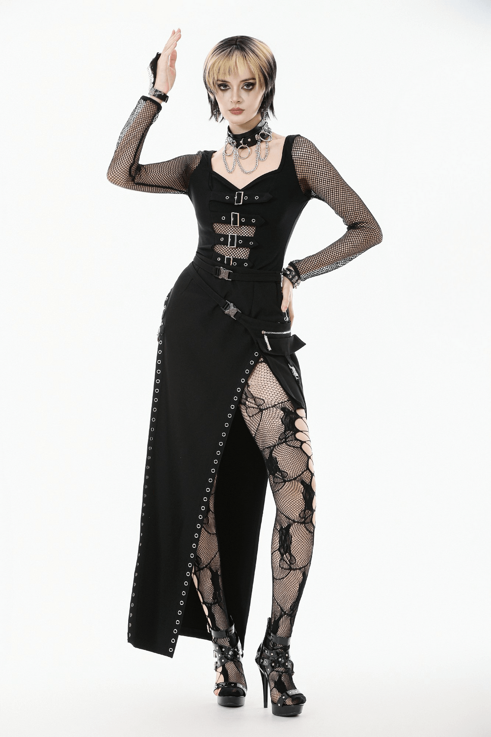 Bold Black Mesh Sleeved Top with Buckle Detailing worn by a model showcasing gothic fashion with bold style.