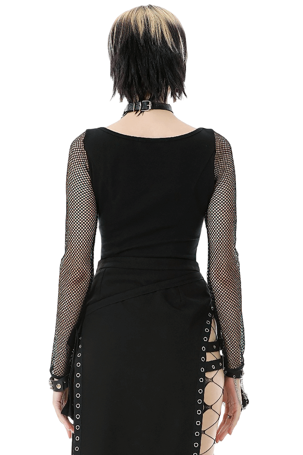 Bold Black Mesh Sleeved Top with Buckle Detailing back view showing mesh sleeves and edgy design