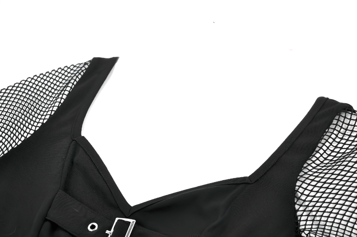 Bold Black Mesh Sleeved Top with Buckle Detailing featuring stunning fishnet sleeves and edgy buckle closure.