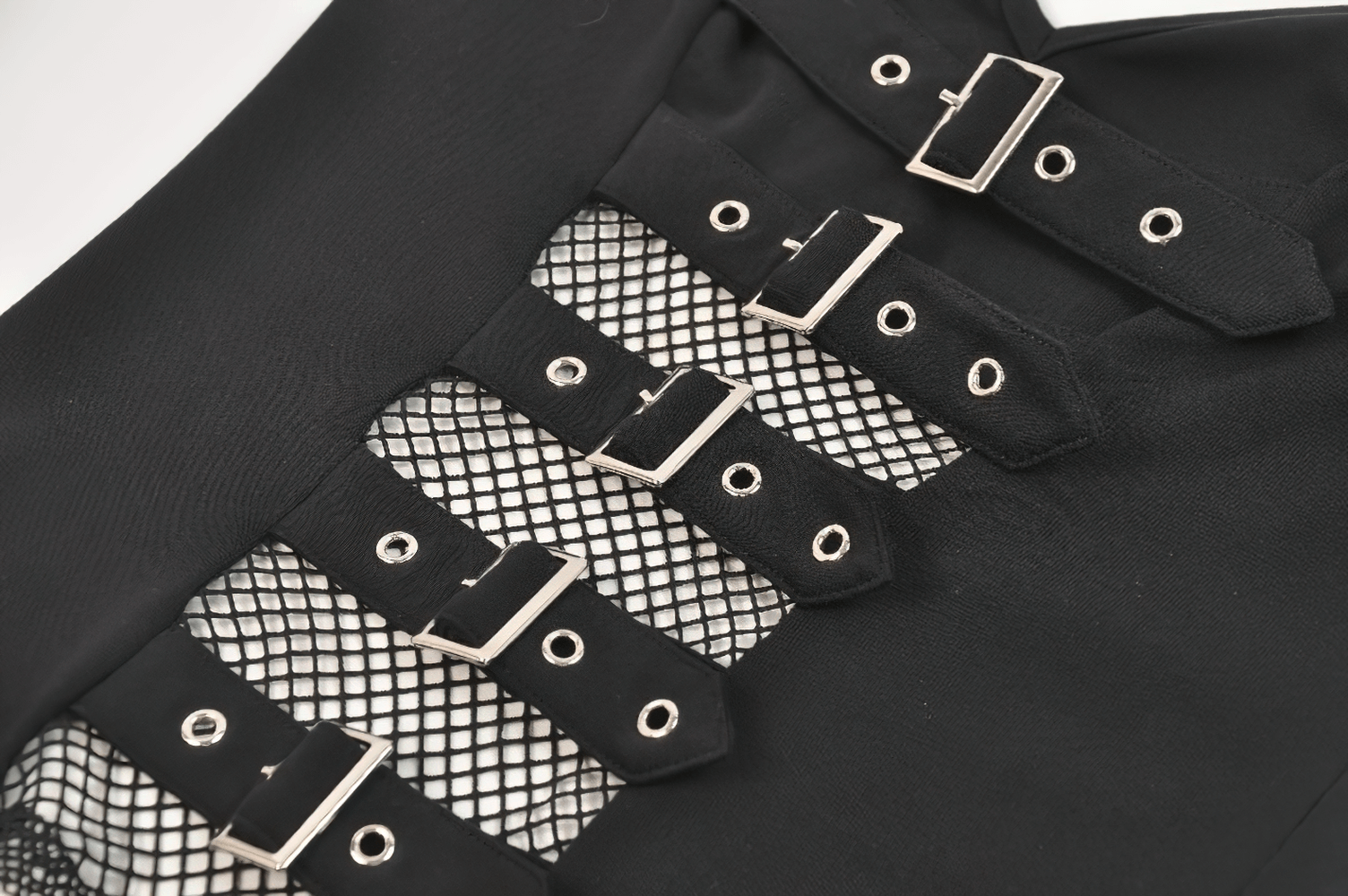 Bold Black Mesh Sleeved Top with Buckle Detailing close-up of buckle and mesh sleeve features