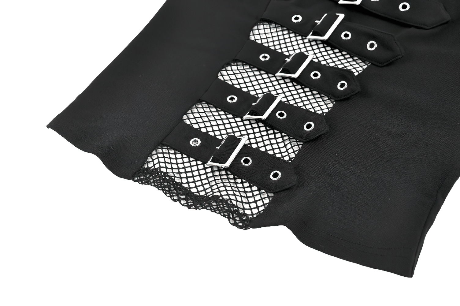 Bold Black Mesh Sleeved Top with Buckle Detailing showcasing the buckle front and fishnet sleeves.