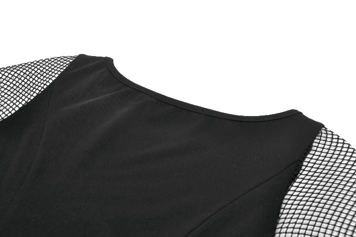 Bold Black Mesh Sleeved Top with Buckle Detailing showing mesh sleeve detail and sleek black fabric.