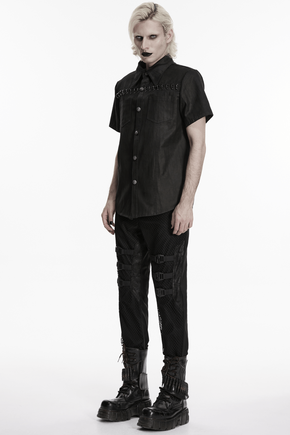 Bold Black Washed Suede Punk Shirt with Metal Trim for Men worn by a model with a punk aesthetic.