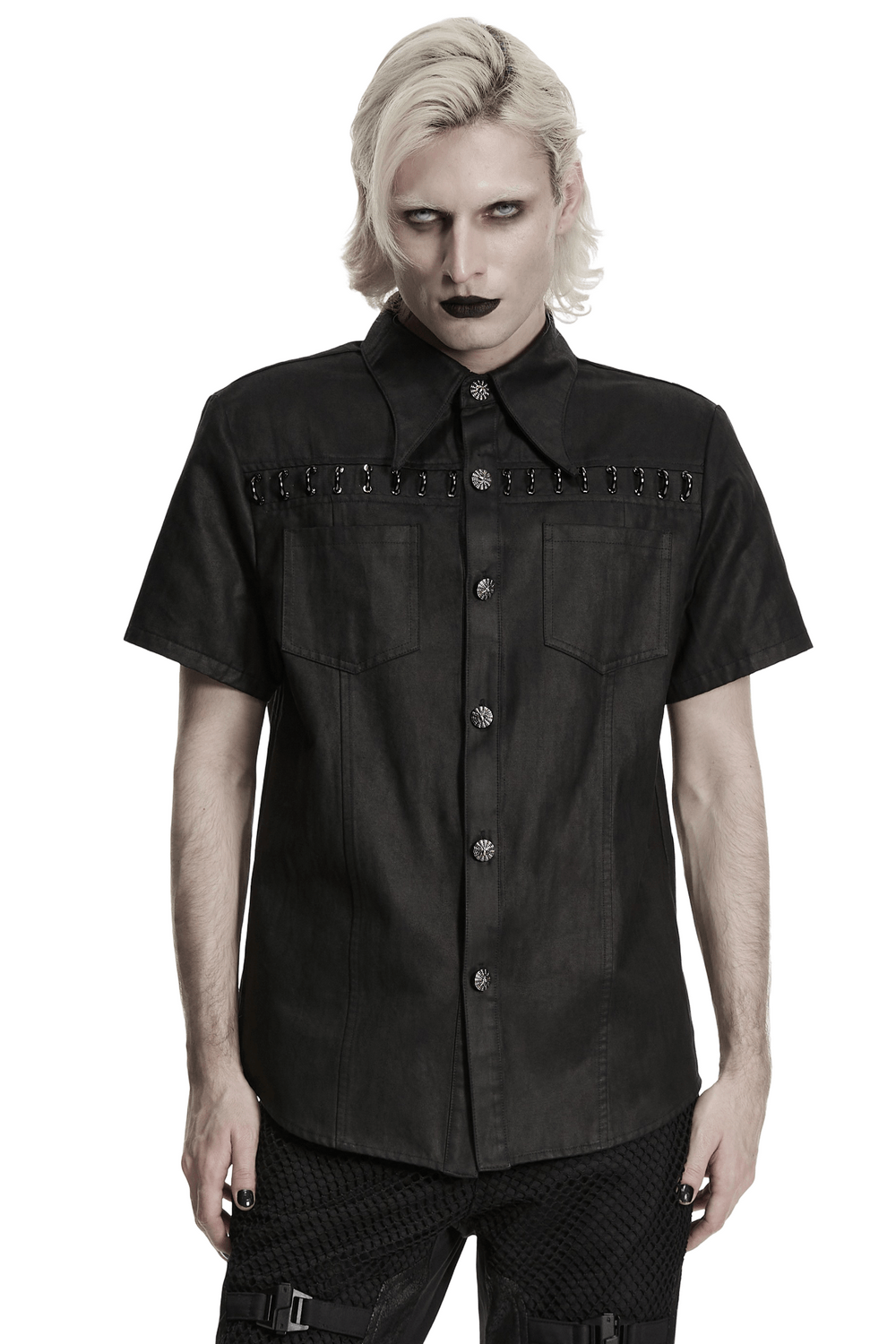 Bold Black Washed Suede Punk Shirt with Metal Trim for Men featuring pockets and striking metal details.